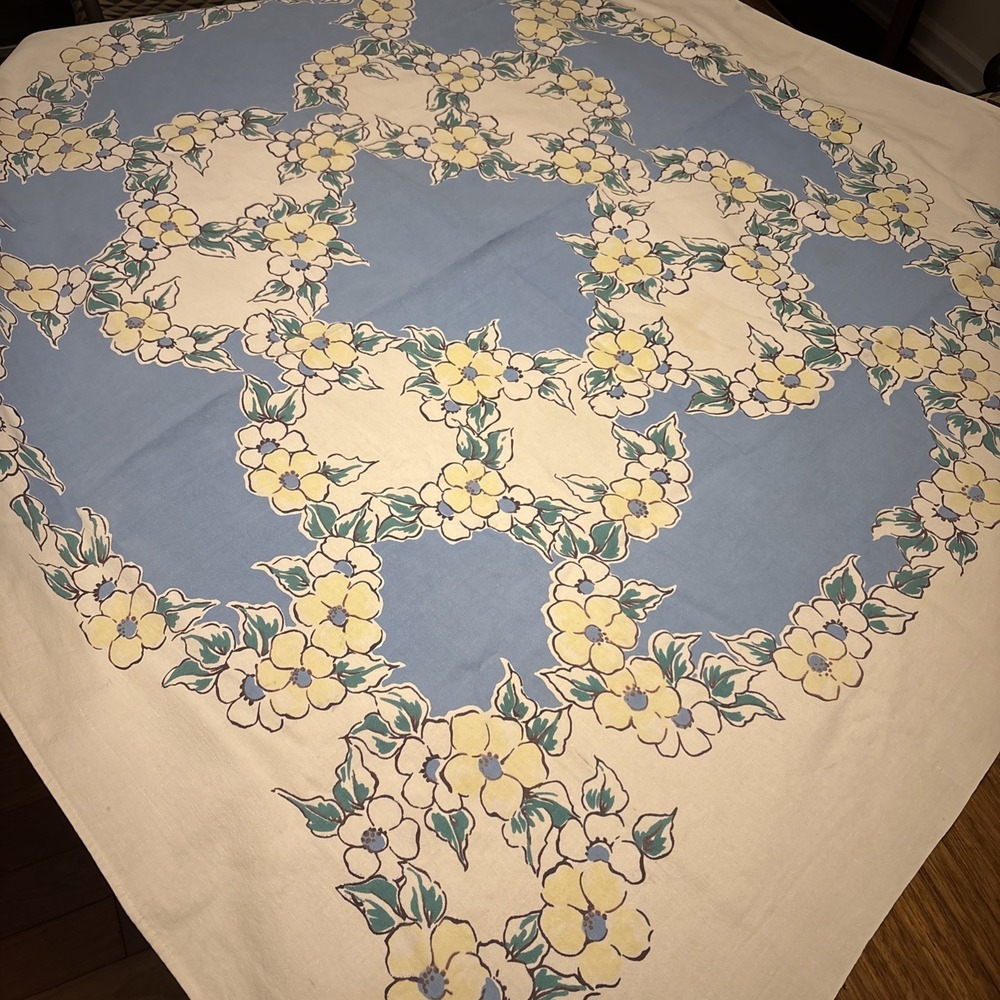 Vintage 1950s Spring Blue Yellow Dogwood 49" X 49" Square Cotton Tablecloth